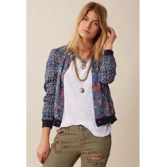 Free People Floral Print Baseball Bomber Jacket Size S - Picture 1 of 16